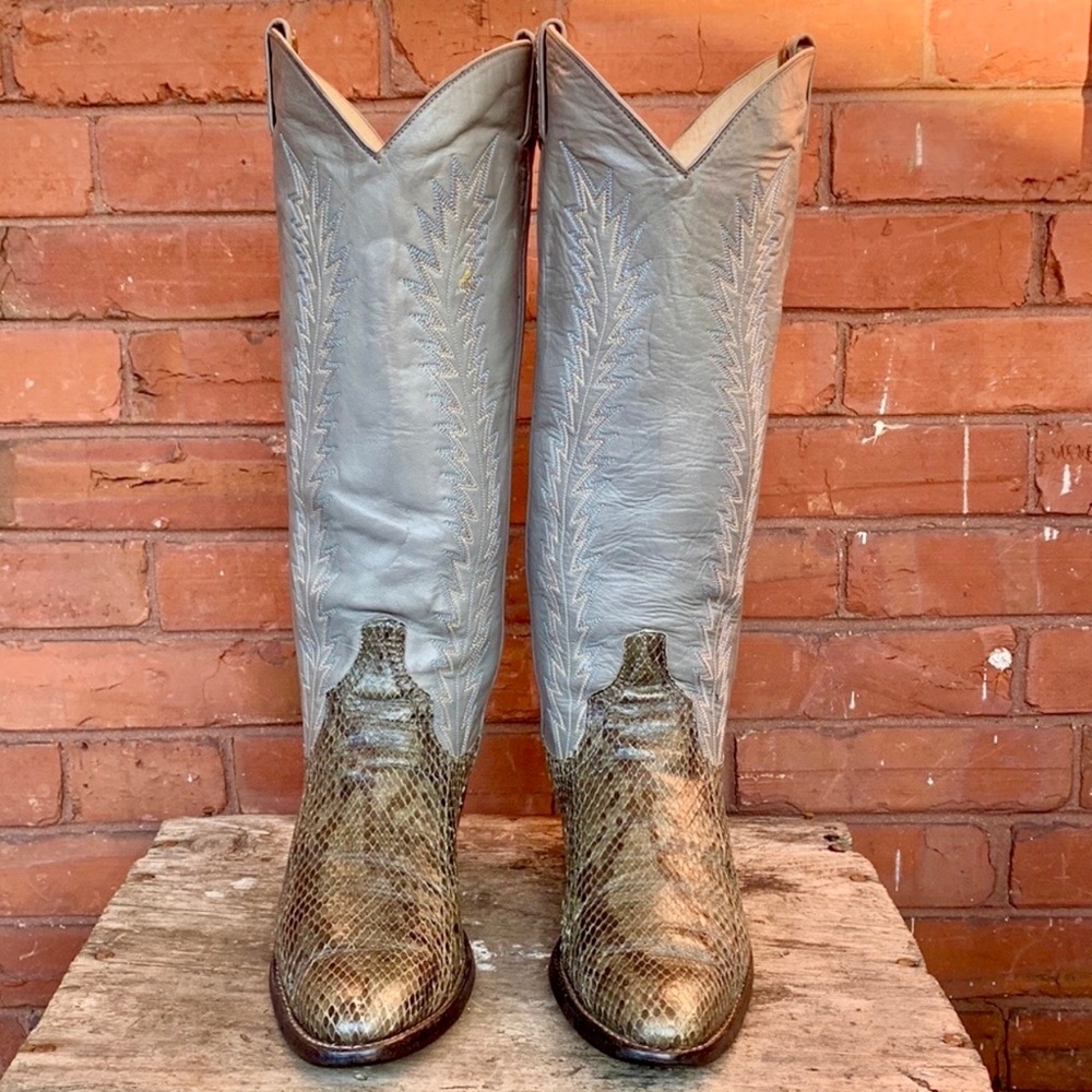 SOLD Larry Mahan Vintage Snakeskin Gray Leather Knee High Cowboy Western BootS - Picture 5 of 9